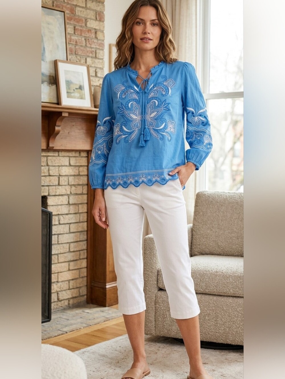 Cato Blue Embroidered Tassel Peasant Tunic
